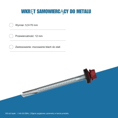 Wkręt samowiercący do metalu 5,5x70 mm, przewiercalność 12 mm, EPDM, 100 szt. – kolor do wyboru